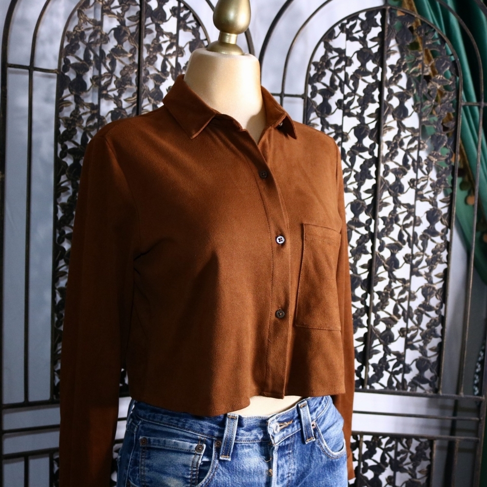 FREE SHIPPING Zara Faux Suede Cropped Button Down Top, Small - Picture 2 of 8
